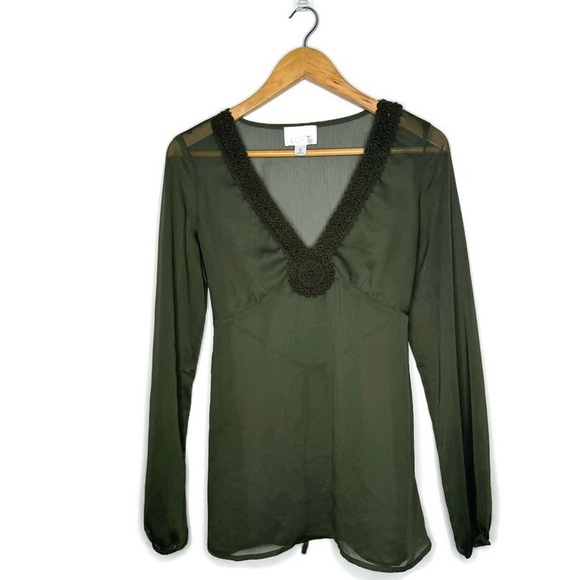 LOFT Tops - Loft Sheer Green Long Sleeve Blouse Crochet Neckline Women’s Size 2